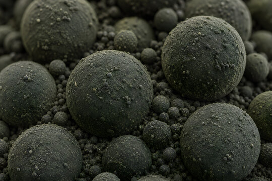 LFP cathode material micro-spheres with matte green and black surface &ndash; macro close-up of fine powder particles for EV battery, BESS, and energy storage applications, commercial stock