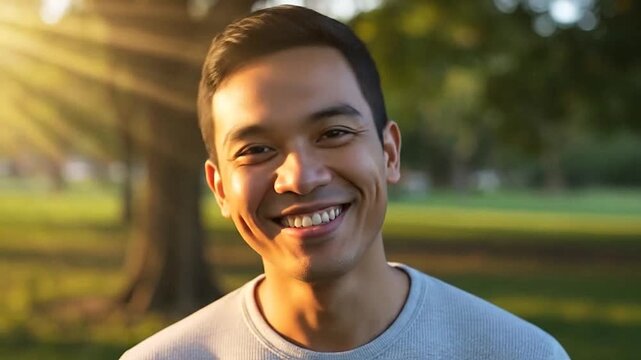 Young man smiling happily in a park with warm sunlight.