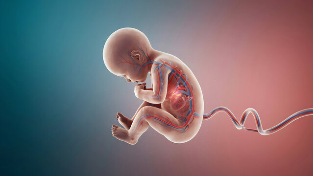 Human fetus with umbilical cord and visible circulatory system in womb  medical anatomy