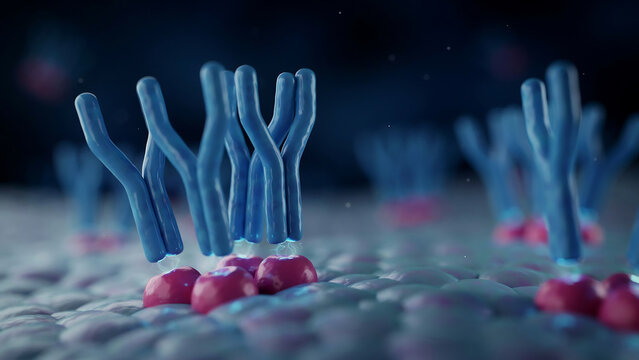 Blue and pink molecular structure with tubular protrusions on a textured surface with blurry background  molecular biology concept