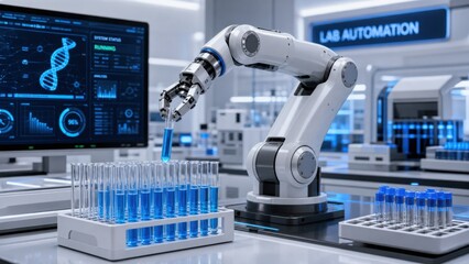 A robotic arm in a futuristic lab automates the handling of test tubes filled with blue liquid, monitored by digital DNA and system status displays. © TransPicHub
