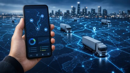 A hand holds a smartphone displaying a logistics app, showing truck routes and data, with trucks on a digital network map over a cityscape at night. © TransPicHub