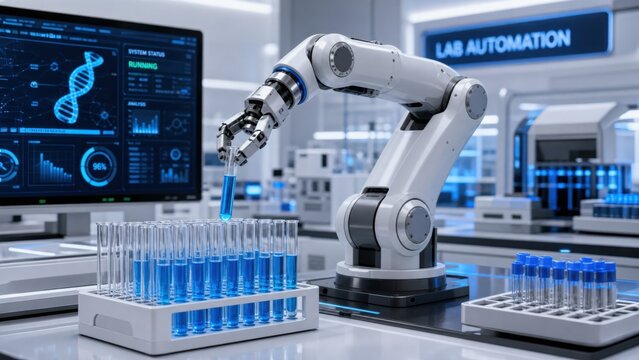 A robotic arm in a futuristic lab automates the handling of test tubes filled with blue liquid, monitored by digital DNA and system status displays.