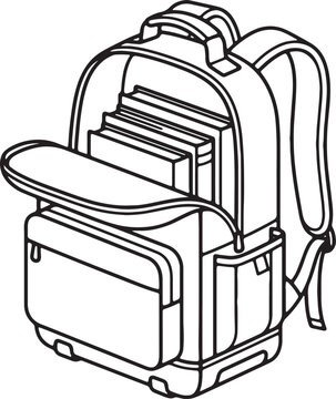 school backpack with books inside line art vector illustration, back to school concept.