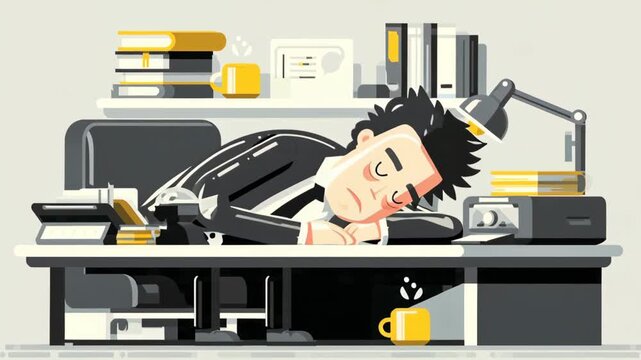 Exhausted businessman sleeping at desk in office in cartoon style animation