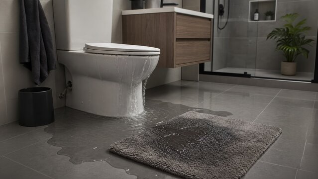 A bathroom toilet is overflowing, causing water to spill onto the floor and wet a nearby rug.