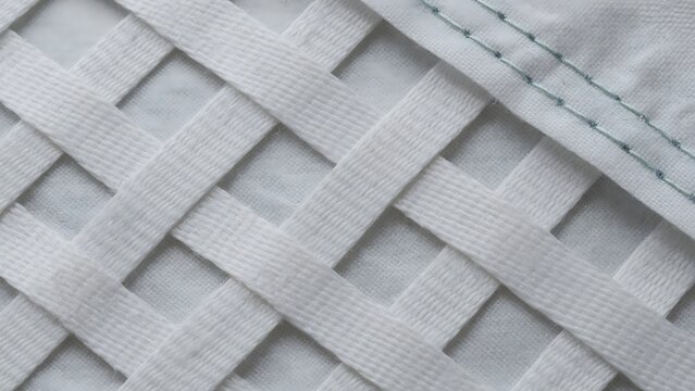 Macro close-up of a woven polypropylene bulk bag showing detailed fabric texture, stitching, and industrial packaging material &ndash; FIBC container, flexible intermediate bulk container, heavy-duty store
