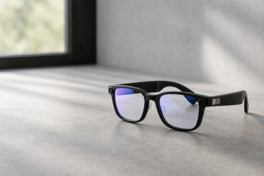 Modern sleek smart glasses on a minimalist concrete surface.