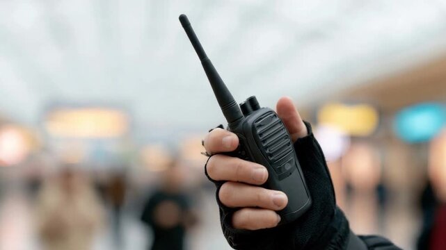 Close-up of hand holding a black walkie talkie device for communication in busy public indoor space with blurred people in background