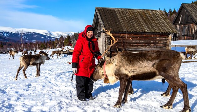 A woman in a red coat stands with a reindeer in a snowy landscape