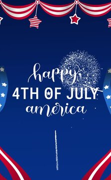 4th of july text with united states flag in a fireworks display for independence day celebrations. Suitable for patriotic vertical themed designs