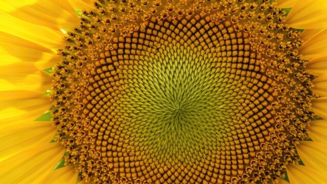 Fibonacci spiral pattern in yellow sunflower center.