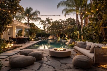 Fototapeta premium Elegant outdoor living space bathed in warm sunset light, tropical landscape