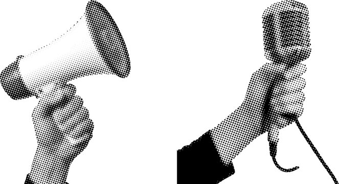 Halftone illustration of hands holding megaphone and microphone  public speaking announcement