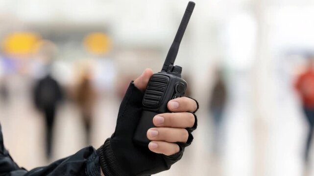 Close-up of hand wearing tactical glove holding black two-way radio communication device in blurred public space for security or event management