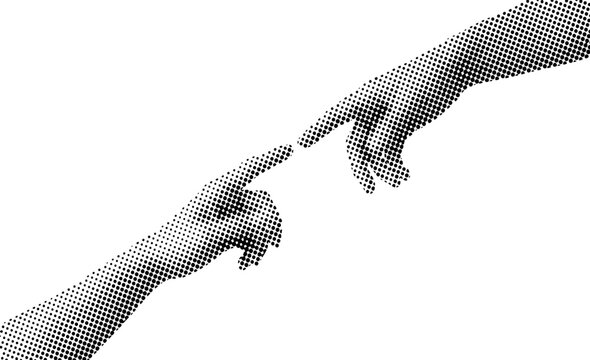 Halftone illustration of two hands almost touching fingers in a dotwork style