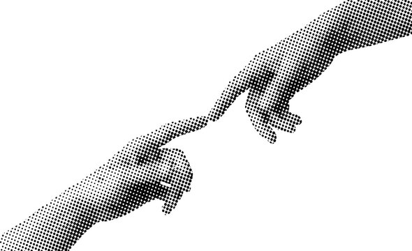 Halftone illustration of two hands almost touching fingers