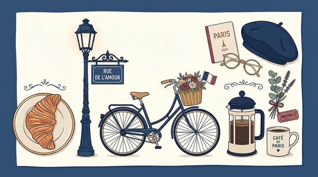 Parisian Lifestyle Elements Collection, French Cafe Culture Vintage Illustration with Bicycle and Croissant