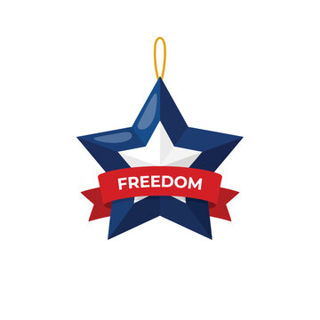 Blue star shaped christmas ornament with a red ribbon banner featuring the word freedom isolated on a clean white background