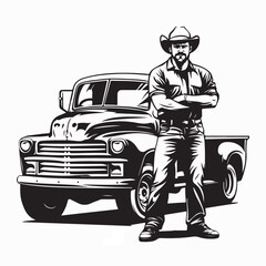 Obraz premium Confident Cowboy Standing Beside His Pickup Truck Vector Illustration