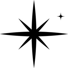 Black eight pointed star icon with small sparkle isolated on transparent background © Obaid