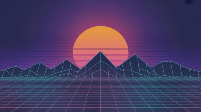 Retro wave sunset over wireframe mountains and grid landscape 80s synthwave aesthetic for digital art and backgrounds vibrant neon colors