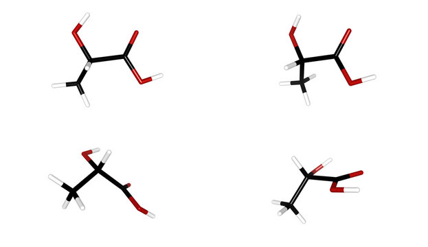3D Render Lactic Acid Chemical Structure Molecules C3H6O3 Alpha Hydroxy Acid AHAs Scientific Visualization For Cosmetics Skincare Dermatology Pharmaceuticals Biotechnology Food Industry Additive, DFT