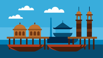 Obraz premium Vibrant mosque and temple over water illustration