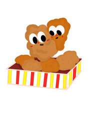 Fototapeta premium Cute Kawaii Crispy Fried Chicken in Striped Fast Food Box Flat Vector Illustration