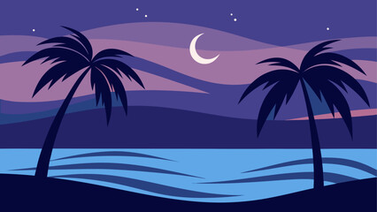 Obraz premium Tropical island at night with crescent moon