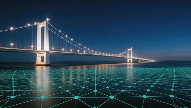Illuminated suspension bridge at night over water with digital grid network overlay, infrastructure and connectivity concept