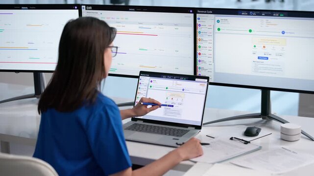 Healthcare Manager Reviews Patient Billing Details On Laptop