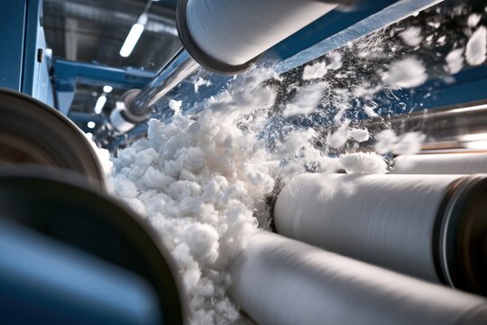 Cotton processing machinery with fibers being processed in textile factory