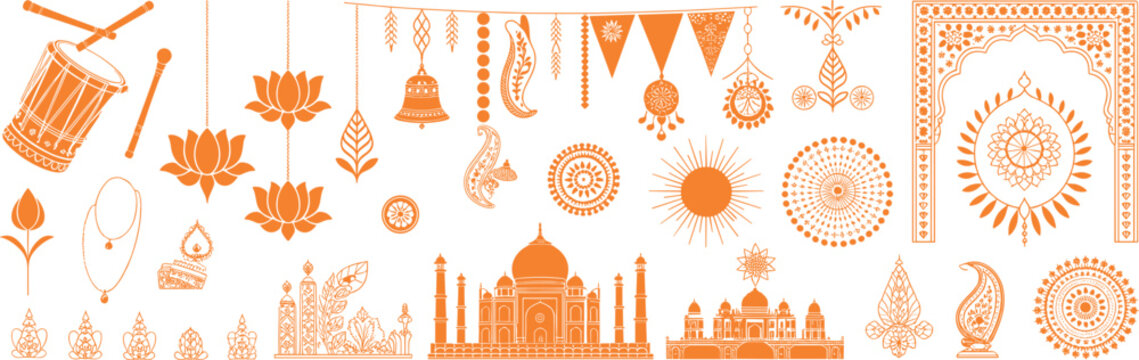 Indian traditional festival decorative elements vector set with Taj Mahal lotus flowers mandalas and dhol isolated on white background