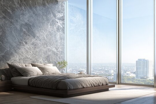 Modern bedroom with marble wall and city view from large windows.