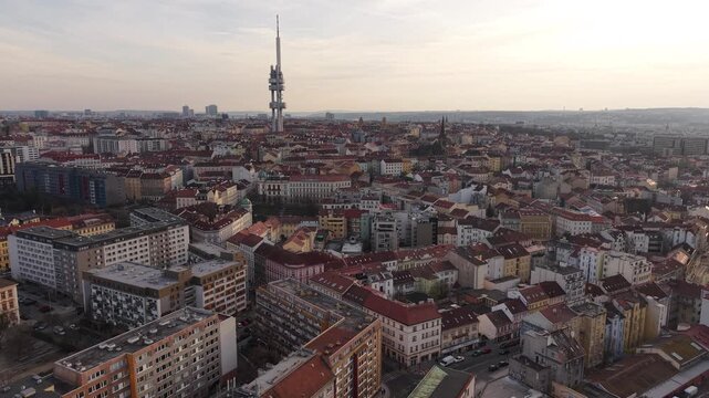 Prague, Czechi. Zizkov TV Tower and Residential Neighbrohood on Spring Morning, Drone Shot