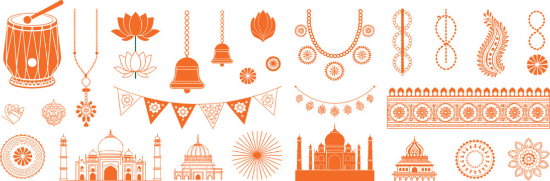 Indian traditional festival decorative elements vector set with Taj Mahal lotus flowers mandalas and dhol isolated on white background