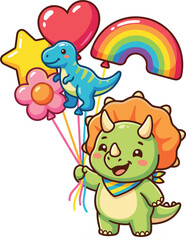 Obraz premium Cute triceratops dinosaur cartoon character holding colorful rainbow heart star and t-rex balloons sticker vector illustration for children party branding