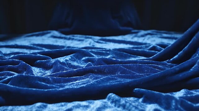 Abstract Blue Velvet Fabric Texture Background with Flowing Waves and Dark Space.