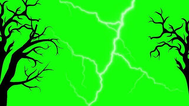 Dramatic lightning storm over silhouetted trees in a vibrant green sky