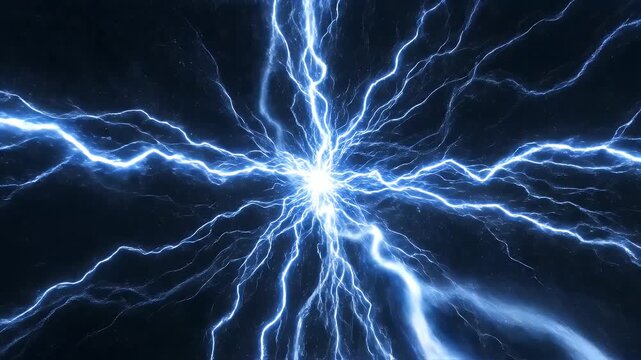Powerful Electrical Discharge Animation - Blue Lightning Strikes and Energy Bursts on Black Background.