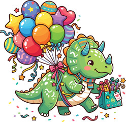 Cute triceratops dinosaur cartoon character walking with colorful balloons and birthday gift bag vector illustration for kids party branding © AntarChandra
