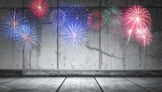 Vibrant Fireworks Display Illuminating a Textured Concrete Wall and Wooden Floor.