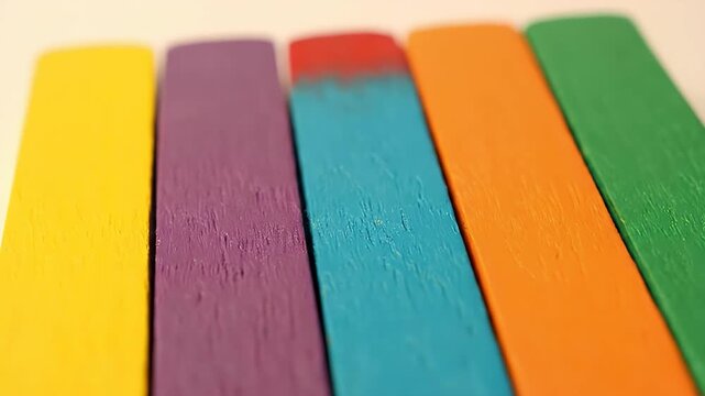 Colorful Craft Sticks Arranged in a Row, Close-Up View of Vibrant Wooden Popsicle Sticks for Creative Projects and DIY Crafts.