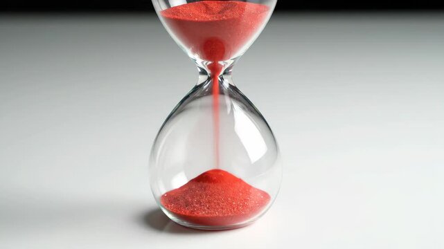 Red sand flowing inside glass hourglass timer countdown white surface symbolizing time passing with calm focus and patience flowing through sand glass