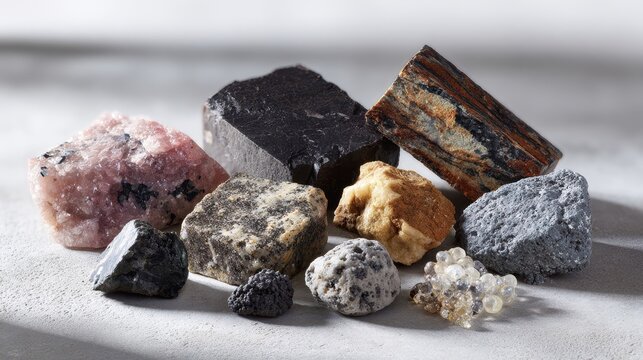 Diverse igneous rock collection on slate: granite, basalt, obsidian, rhyolite, andesite, diorite