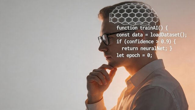 Programmer developing artificial intelligence software code with neural network brain graphic