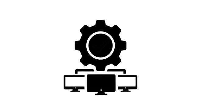 Vector illustration of network configuration icon with gear and computer monitors on a transparent background