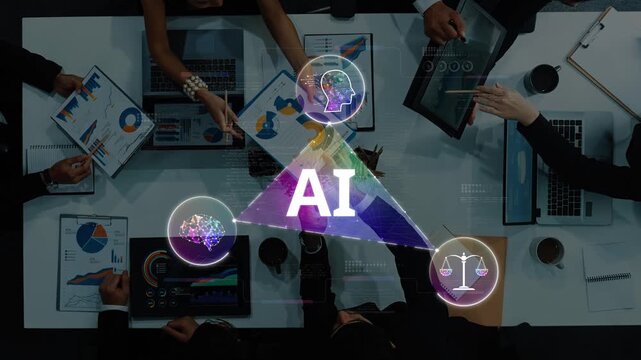 A group of professionals engages in a collaborative meeting focused on artificial intelligence and data analysis, surrounded by charts and digital devices in a modern office setting. Raster