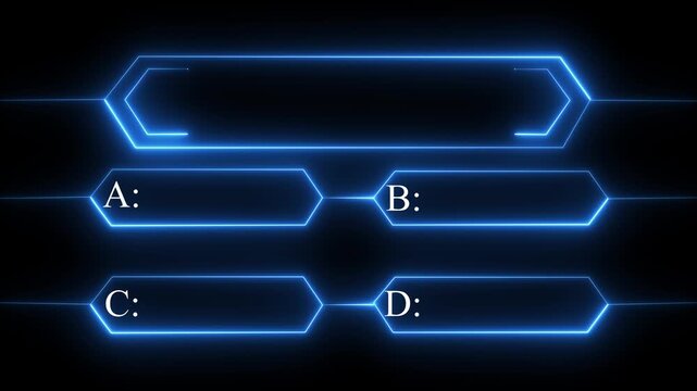 Neon Blue Quiz Interface Animation with Question Mark and Answer Options on Black Background Futuristic Tech Loop 4K video.